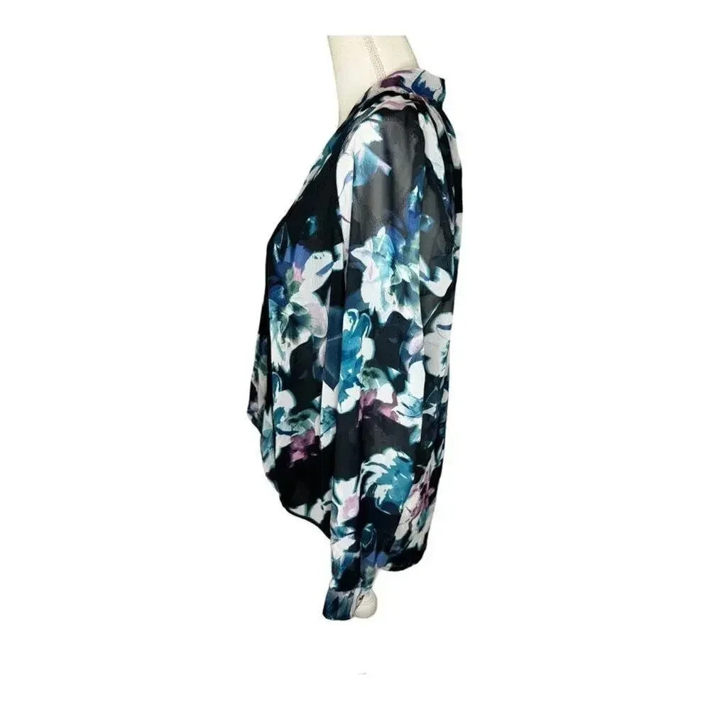 Jennifer Lopez Size Large Black Floral Faux‎ Wrap High Low Chiffon Top - Picture 3 of 6